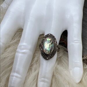 Vintage NF 925 Sterling Silver Abalone and Marcasite Ring size 6